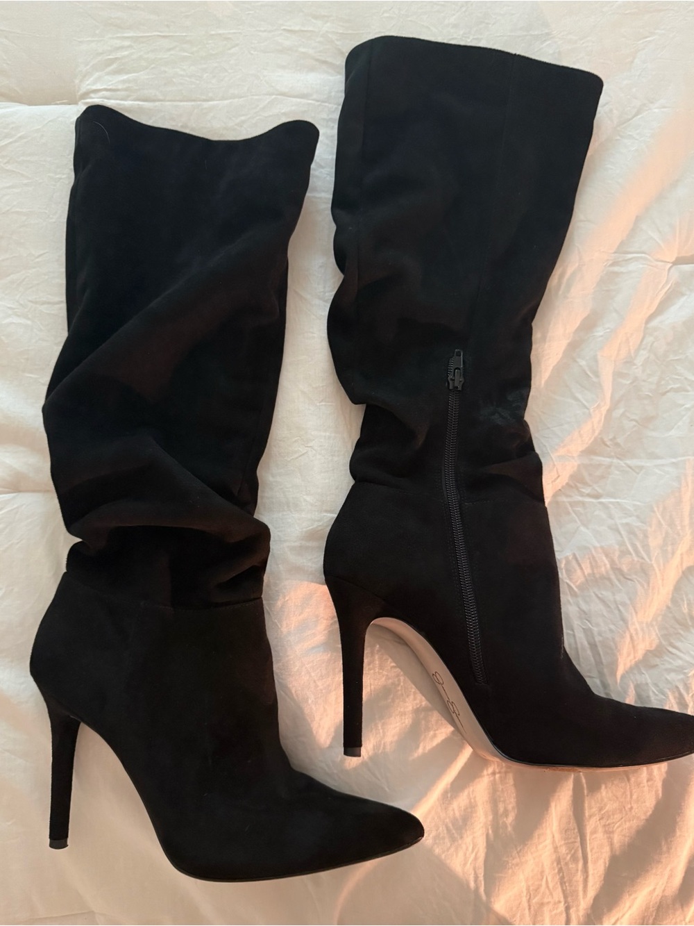 Black Suede High Heel Slouch Boots - Women 9.5